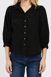 Teehan 3/4 Puff Sleeve Button Down Eyelet Shirt